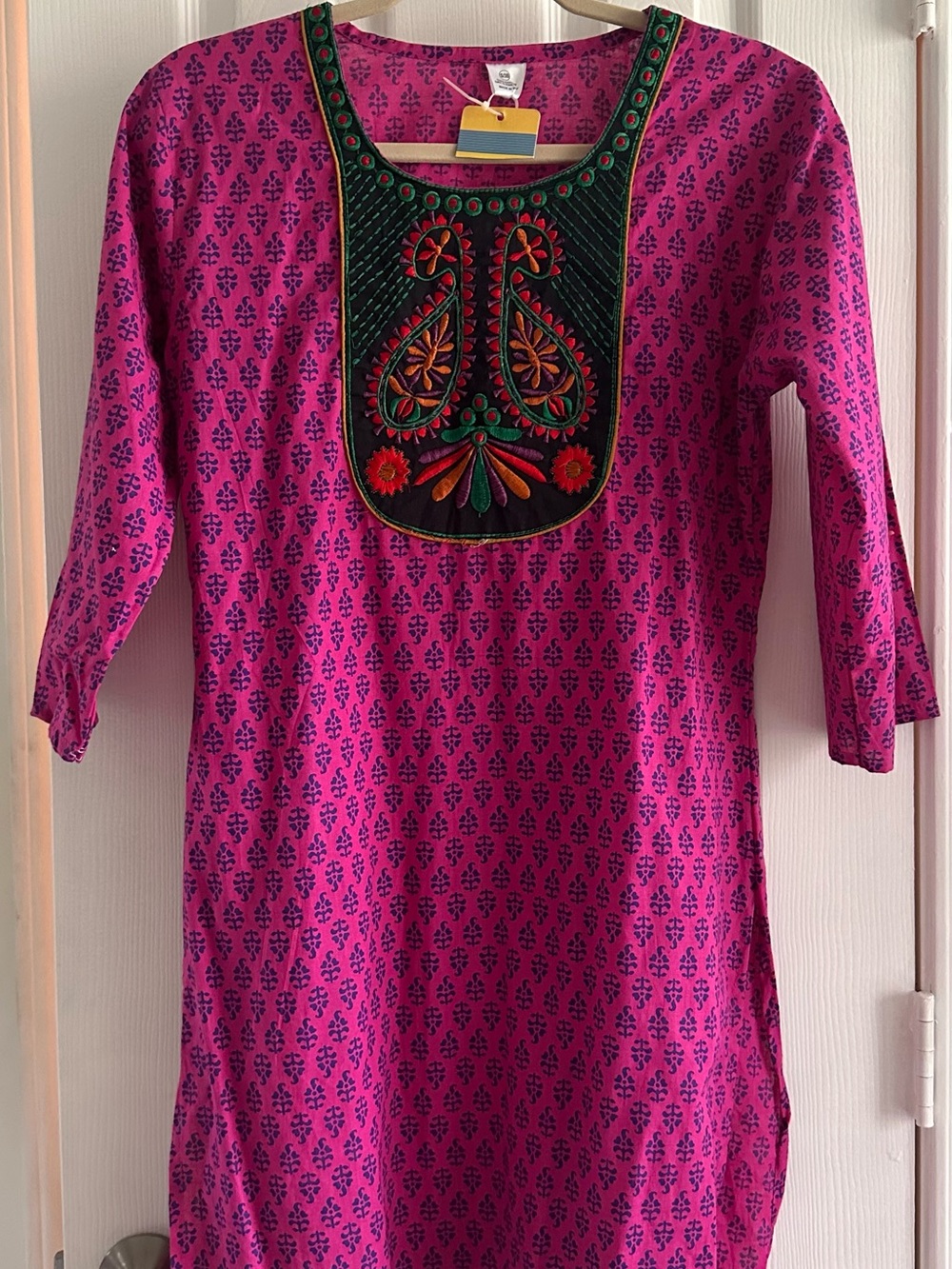 Women's Embroidered Midi Dress - Pink with Green Yoke